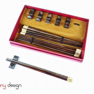 Set of 6 pairs of round rosewood chopsticks with snail head of chopstick with chopstick holders